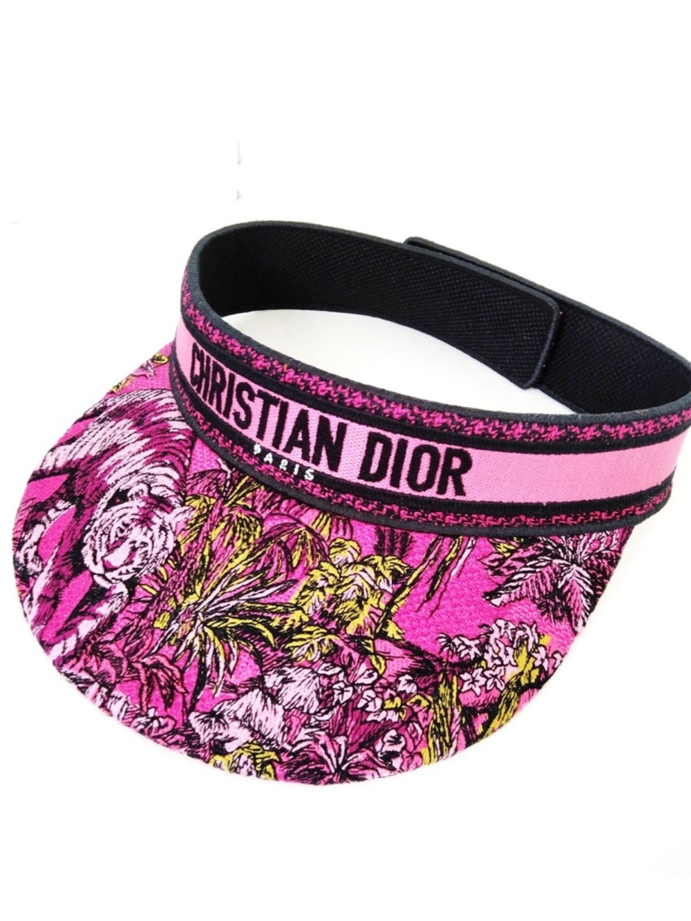 Christian Dior Embroidered Floral Visor Hat Black Logo Band Made in Italy